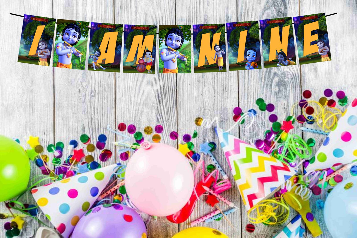 Little Krishna Theme I Am Nine 9th Birthday Banner for Photo Shoot Backdrop and Theme Party