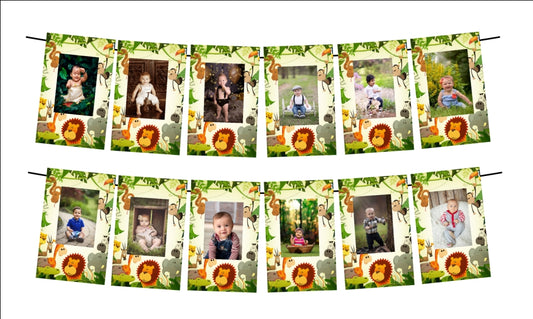 Jungle Theme Birthday Photo Banner - Monthly Yearly Milestone Birthday Random Photo Banner Bunting for Newborn to Kids, Picture Banner for Birthday and Theme Party (12 Buntings)
