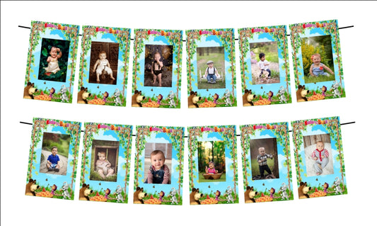 Masha Bear Theme Birthday Photo Banner - Monthly Yearly Milestone Birthday Random Photo Banner Bunting for Newborn to Kids, Picture Banner for Birthday and Theme Party (12 Buntings)