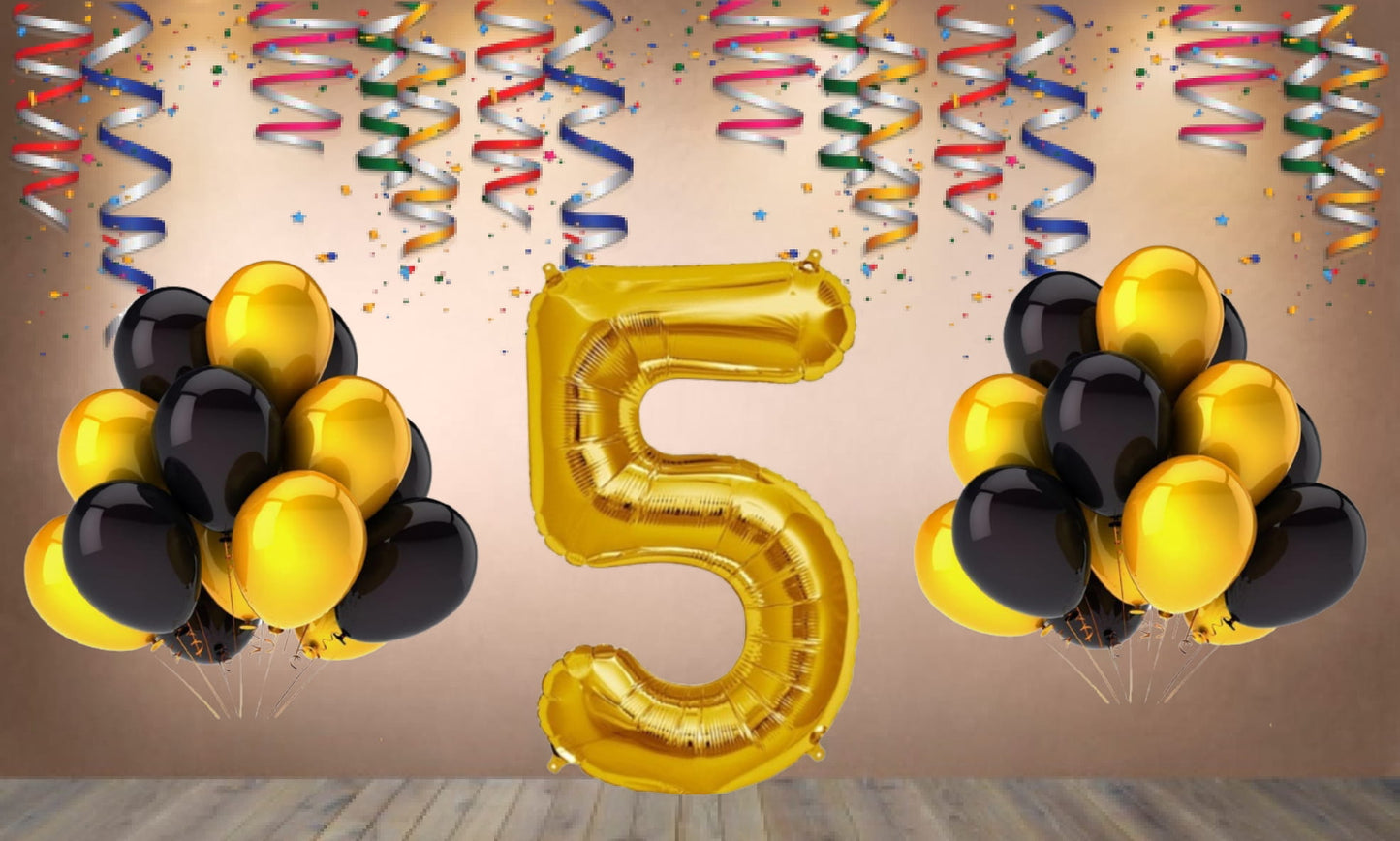 Number 5 Gold Foil Balloon and 25 Nos Black  and Gold Color Latex Balloon Combo