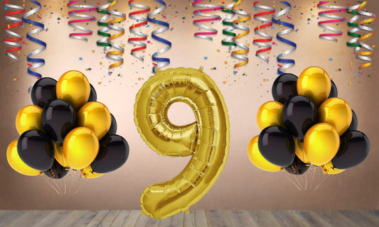 Number 9 Gold Foil Balloon and 25 Nos Black  and Gold Color Latex Balloon Combo
