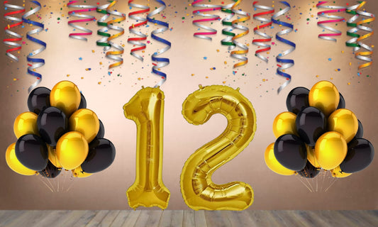 Number 12 Gold Foil Balloon and 25 Nos Black  and Gold Color Latex Balloon Combo