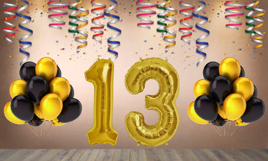 Number 13 Gold Foil Balloon and 25 Nos Black  and Gold Color Latex Balloon Combo
