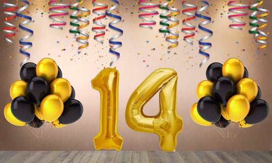 Number 14 Gold Foil Balloon and 25 Nos Black  and Gold Color Latex Balloon Combo