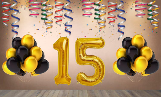 Number 15 Gold Foil Balloon and 25 Nos Black  and Gold Color Latex Balloon Combo