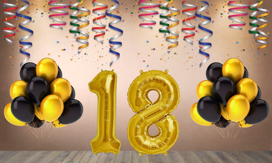 Number 18 Gold Foil Balloon and 25 Nos Black  and Gold Color Latex Balloon Combo