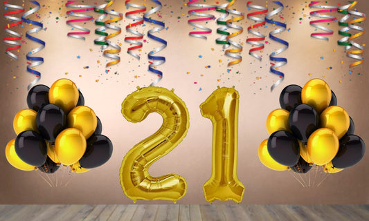 Number 21 Gold Foil Balloon and 25 Nos Black  and Gold Color Latex Balloon Combo