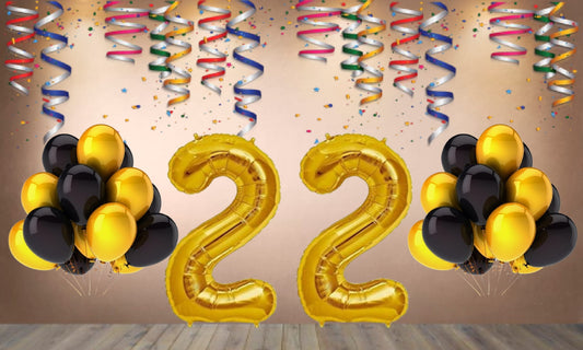 Number 22 Gold Foil Balloon and 25 Nos Black  and Gold Color Latex Balloon Combo