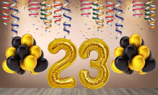 Number 23 Gold Foil Balloon and 25 Nos Black  and Gold Color Latex Balloon Combo