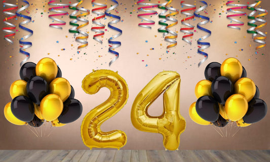 Number 24 Gold Foil Balloon and 25 Nos Black  and Gold Color Latex Balloon Combo