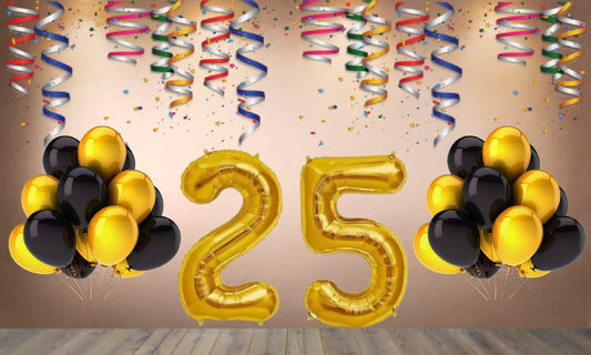 Number 25  Gold Foil Balloon and 25 Nos Black  and Gold Color Latex Balloon Combo