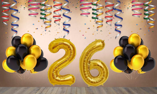 Number 26  Gold Foil Balloon and 25 Nos Black  and Gold Color Latex Balloon Combo