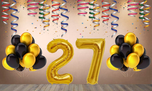 Number 27  Gold Foil Balloon and 25 Nos Black  and Gold Color Latex Balloon Combo
