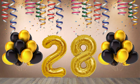 Number 28  Gold Foil Balloon and 25 Nos Black  and Gold Color Latex Balloon Combo
