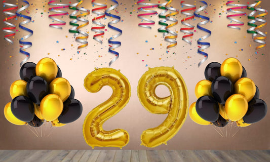 Number 29  Gold Foil Balloon and 25 Nos Black  and Gold Color Latex Balloon Combo