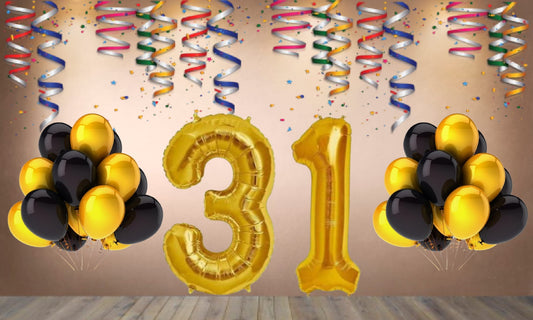 Number  31 Gold Foil Balloon and 25 Nos Black  and Gold Color Latex Balloon Combo