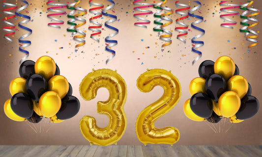 Number 32  Gold Foil Balloon and 25 Nos Black  and Gold Color Latex Balloon Combo