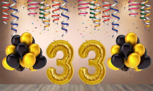 Number 33  Gold Foil Balloon and 25 Nos Black  and Gold Color Latex Balloon Combo
