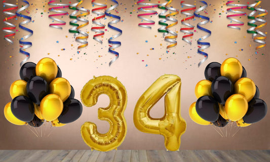 Number 34  Gold Foil Balloon and 25 Nos Black  and Gold Color Latex Balloon Combo