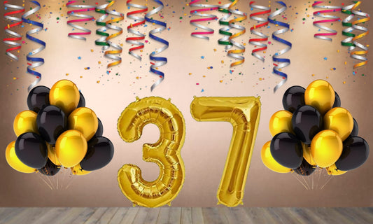 Number 37  Gold Foil Balloon and 25 Nos Black  and Gold Color Latex Balloon Combo
