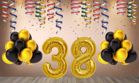 Number  38 Gold Foil Balloon and 25 Nos Black  and Gold Color Latex Balloon Combo