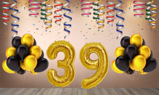 Number  39 Gold Foil Balloon and 25 Nos Black  and Gold Color Latex Balloon Combo