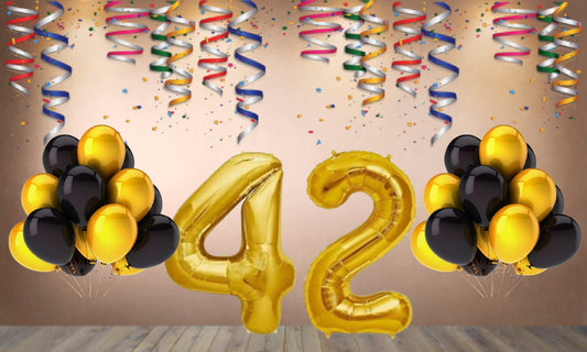 Number 42  Gold Foil Balloon and 25 Nos Black  and Gold Color Latex Balloon Combo