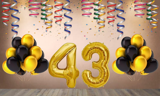Number 43  Gold Foil Balloon and 25 Nos Black  and Gold Color Latex Balloon Combo
