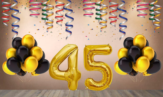 Number 45  Gold Foil Balloon and 25 Nos Black  and Gold Color Latex Balloon Combo