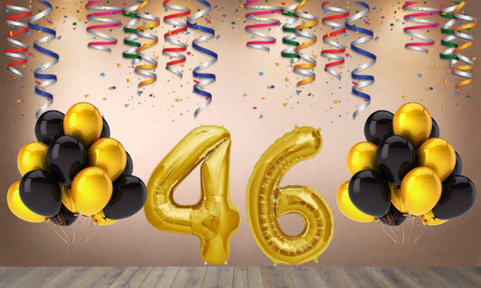 Number 46  Gold Foil Balloon and 25 Nos Black  and Gold Color Latex Balloon Combo