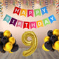 Number 9 Gold Foil Balloon and 25 Nos Black and Gold Color Latex Balloon and Happy Birthday Banner Combo