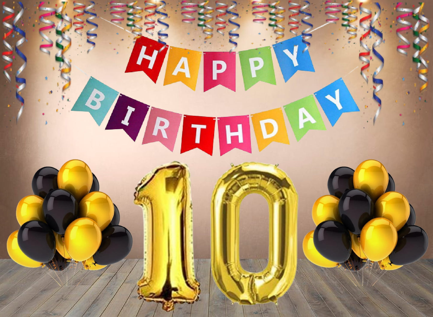 Number 10 Gold Foil Balloon and 25 Nos Black and Gold Color Latex Balloon and Happy Birthday Banner Combo
