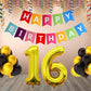 Number 16 Gold Foil Balloon and 25 Nos Black and Gold Color Latex Balloon and Happy Birthday Banner Combo