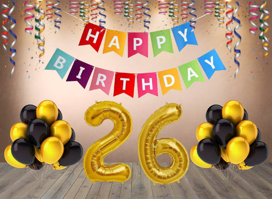 Number 26 Gold Foil Balloon and 25 Nos Black and Gold Color Latex Balloon and Happy Birthday Banner Combo