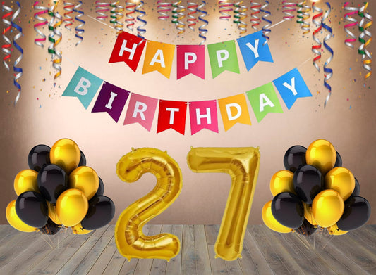 Number 27 Gold Foil Balloon and 25 Nos Black and Gold Color Latex Balloon and Happy Birthday Banner Combo