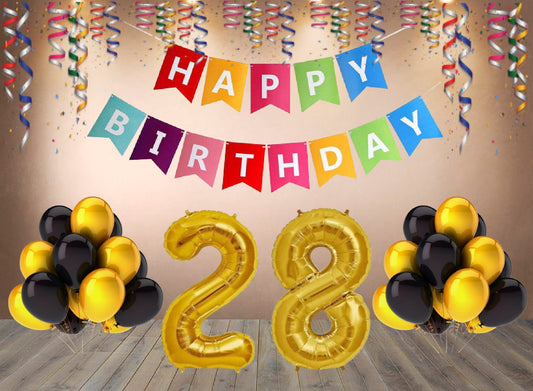 Number 28 Gold Foil Balloon and 25 Nos Black and Gold Color Latex Balloon and Happy Birthday Banner Combo