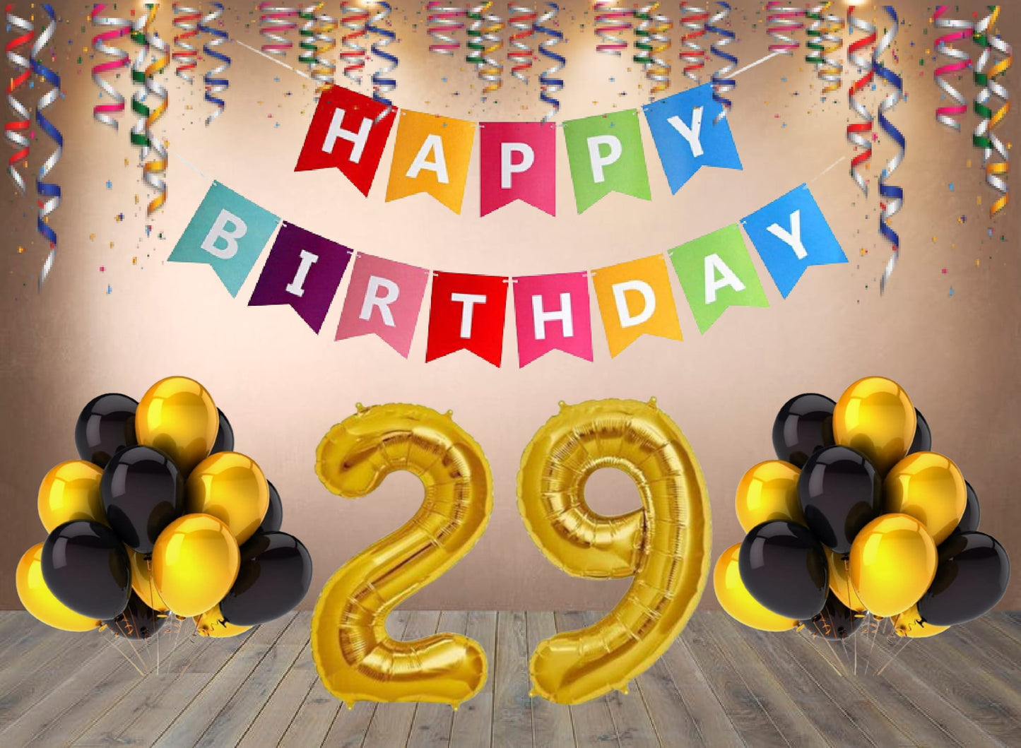 Number 29 Gold Foil Balloon and 25 Nos Black and Gold Color Latex Balloon and Happy Birthday Banner Combo