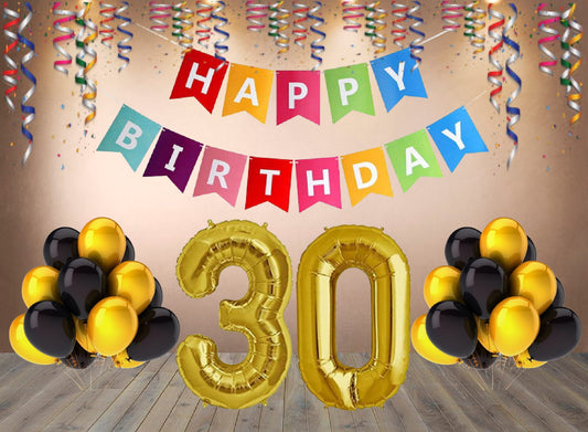 Number 30 Gold Foil Balloon and 25 Nos Black and Gold Color Latex Balloon and Happy Birthday Banner Combo