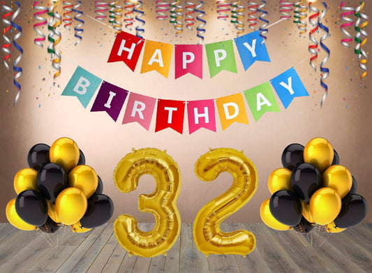 Number 32 Gold Foil Balloon and 25 Nos Black and Gold Color Latex Balloon and Happy Birthday Banner Combo