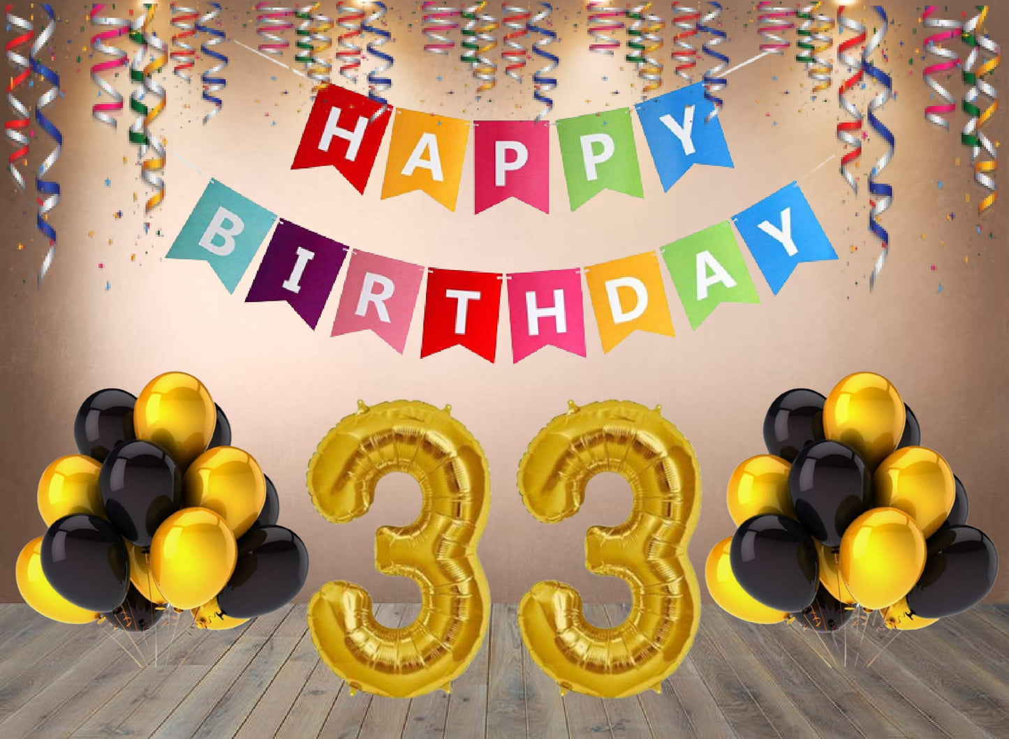 Number 33 Gold Foil Balloon and 25 Nos Black and Gold Color Latex Balloon and Happy Birthday Banner Combo