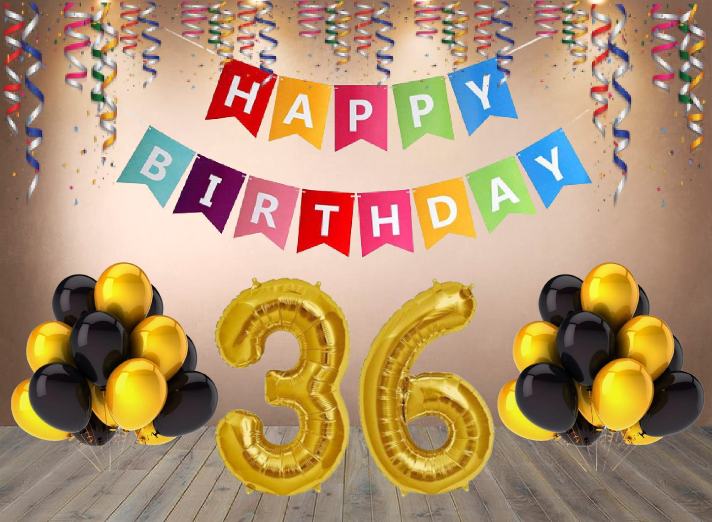 Number 36 Gold Foil Balloon and 25 Nos Black and Gold Color Latex Balloon and Happy Birthday Banner Combo
