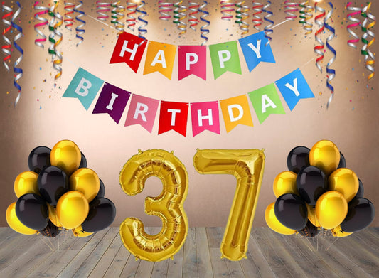 Number 37 Gold Foil Balloon and 25 Nos Black and Gold Color Latex Balloon and Happy Birthday Banner Combo