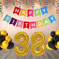 Number 38 Gold Foil Balloon and 25 Nos Black and Gold Color Latex Balloon and Happy Birthday Banner Combo