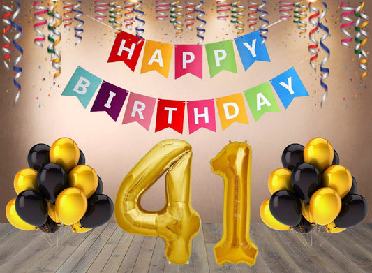 Number 41 Gold Foil Balloon and 25 Nos Black and Gold Color Latex Balloon and Happy Birthday Banner Combo
