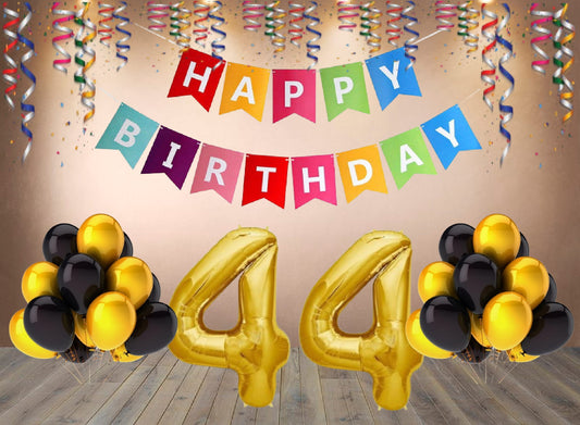 Number 44 Gold Foil Balloon and 25 Nos Black and Gold Color Latex Balloon and Happy Birthday Banner Combo