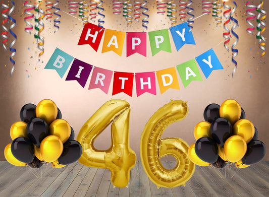 Number 46 Gold Foil Balloon and 25 Nos Black and Gold Color Latex Balloon and Happy Birthday Banner Combo