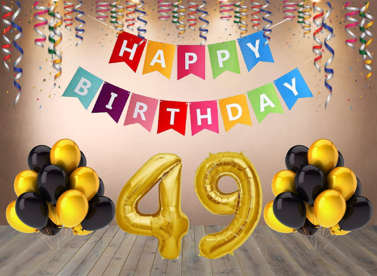 Number 49 Gold Foil Balloon and 25 Nos Black and Gold Color Latex Balloon and Happy Birthday Banner Combo