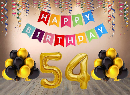 Number 54 Gold Foil Balloon and 25 Nos Black and Gold Color Latex Balloon and Happy Birthday Banner Combo