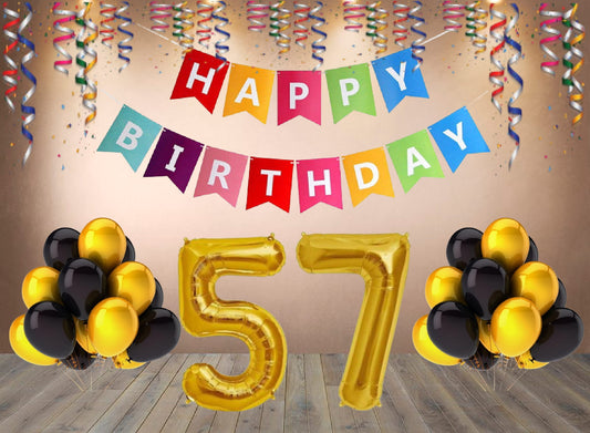 Number 57 Gold Foil Balloon and 25 Nos Black and Gold Color Latex Balloon and Happy Birthday Banner Combo