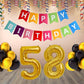 Number 58 Gold Foil Balloon and 25 Nos Black and Gold Color Latex Balloon and Happy Birthday Banner Combo